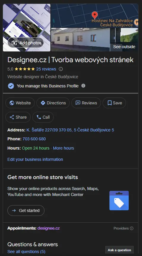 Google firemní profil firmy designee.cz