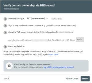 Ověření domény pomocí DNS na Google Search Console