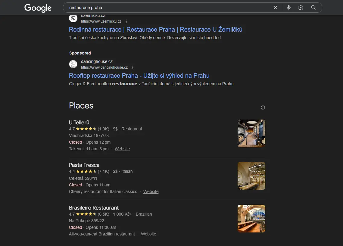 fotografie příkladu klíčového slova restaurace praha